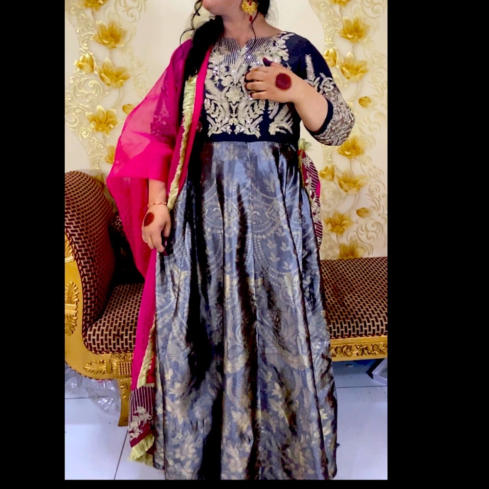 Long sleeves maxi with embroided neck And net sleeves with long extra scarf